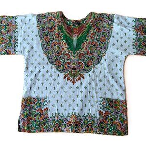 Vintage Jamaican Dashiki Tunic Shirt Size Large Pockets Hippie Boho Blue